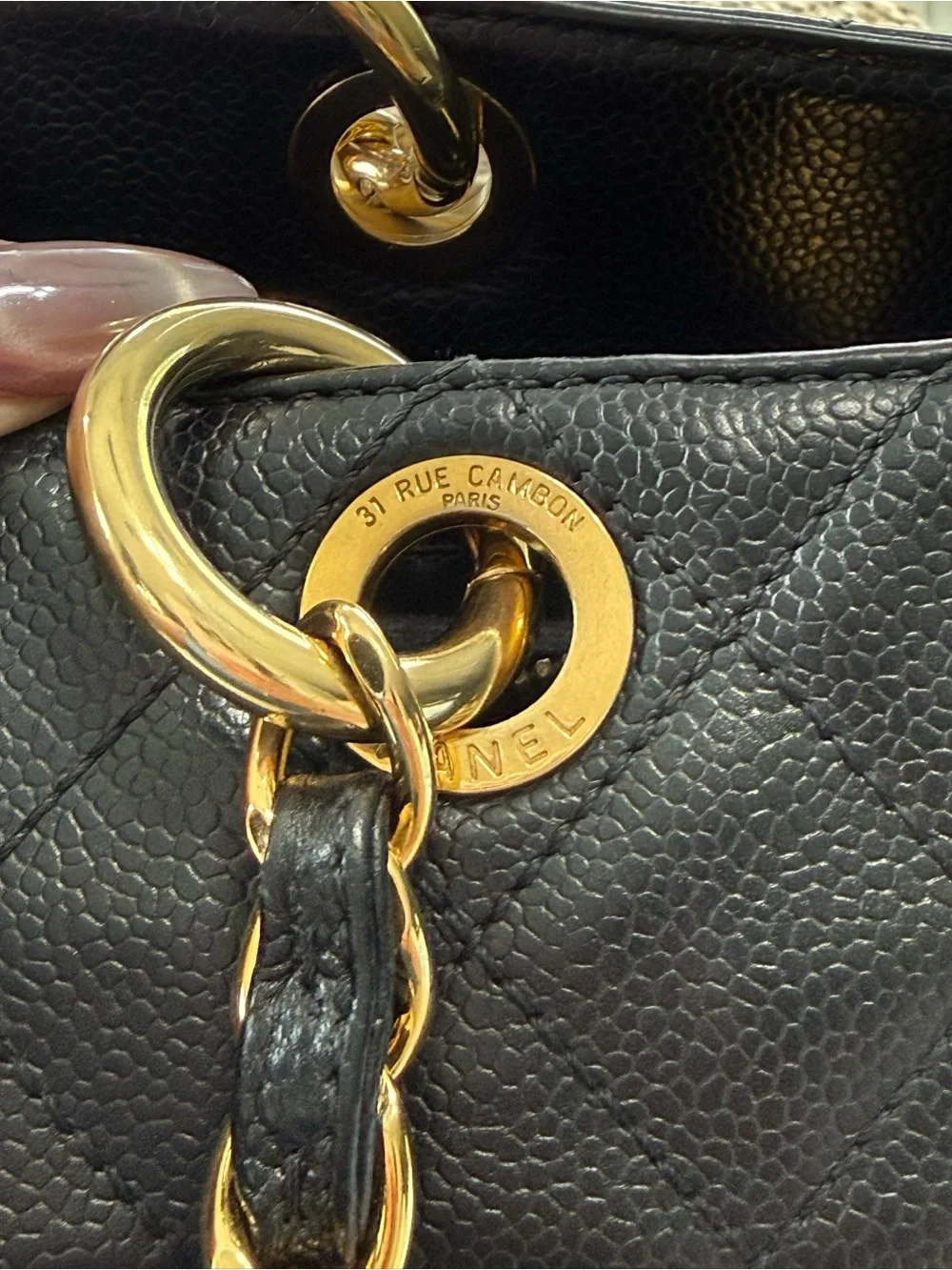 CHANEL Black caviar GST Leather Shoulder Tote Bag with Gold Chain Straps